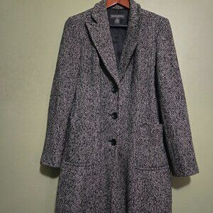 Banana Republic Trench Coat Womens Wool Blend Herringbone Tweed in Black Gray